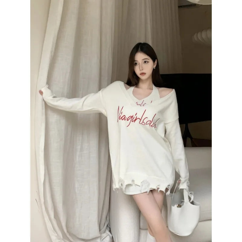 French Fashion Design Sense Fake Two Knitwear Autumn New Letter Printed Sweater Dopamine Sweet Casual Female Youth Clothing