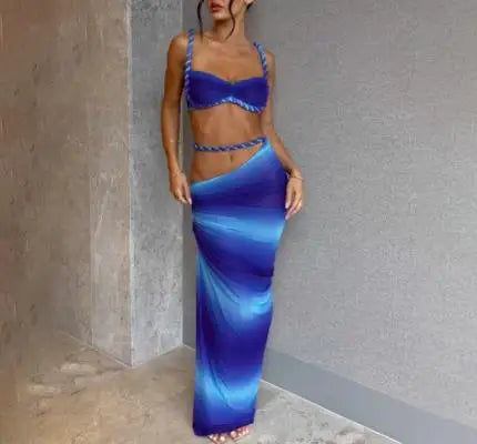 2025 Skirt Set for Women's Fashion Spring Summer Latest Clothin Sexy Solid Color Backless Small Tank Top Hip Hugging Skirt Set