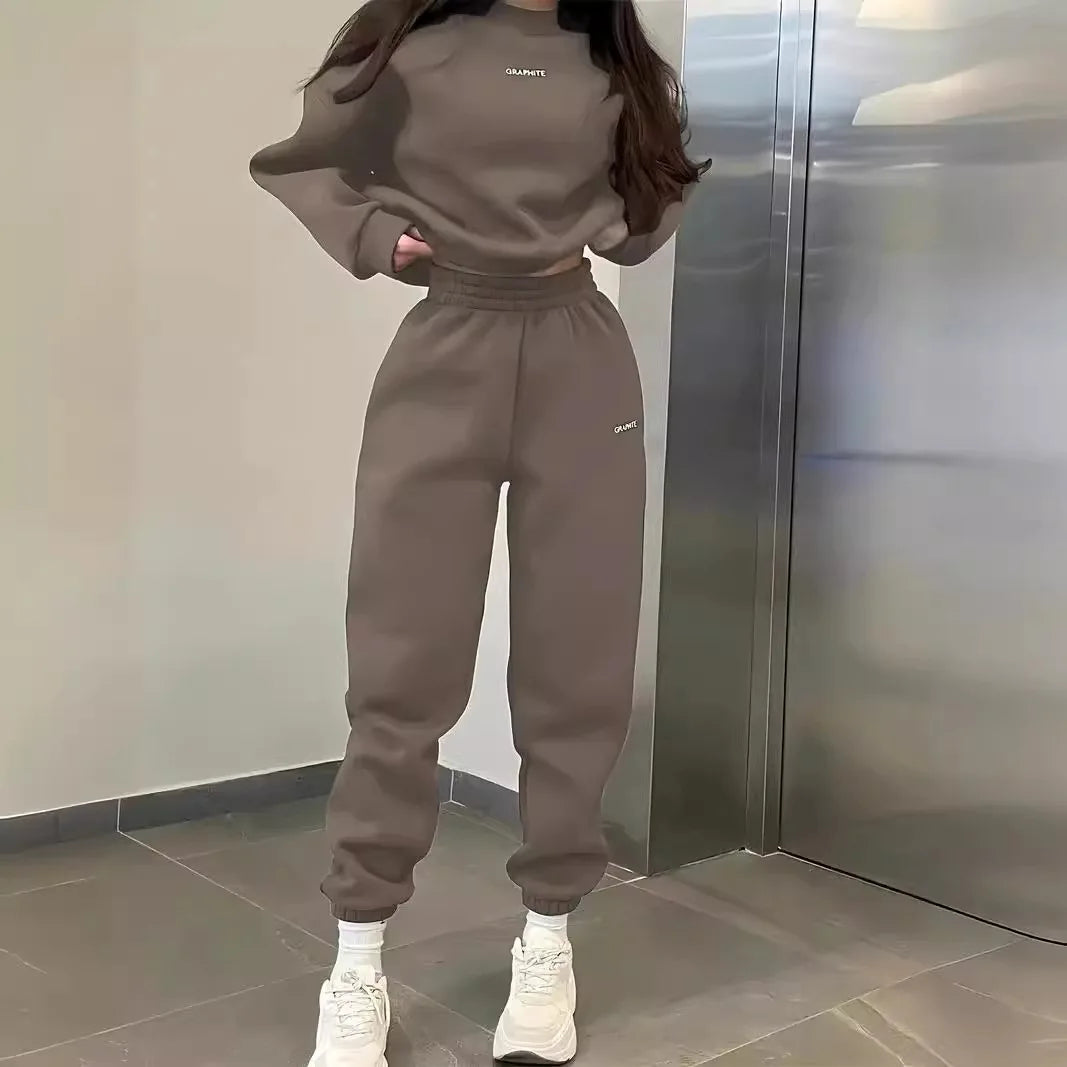 Fashion Women's Clothing 2025 Spring and Autumn Casual Solid Color Round Neck Sweater Suit Two-piece Suit