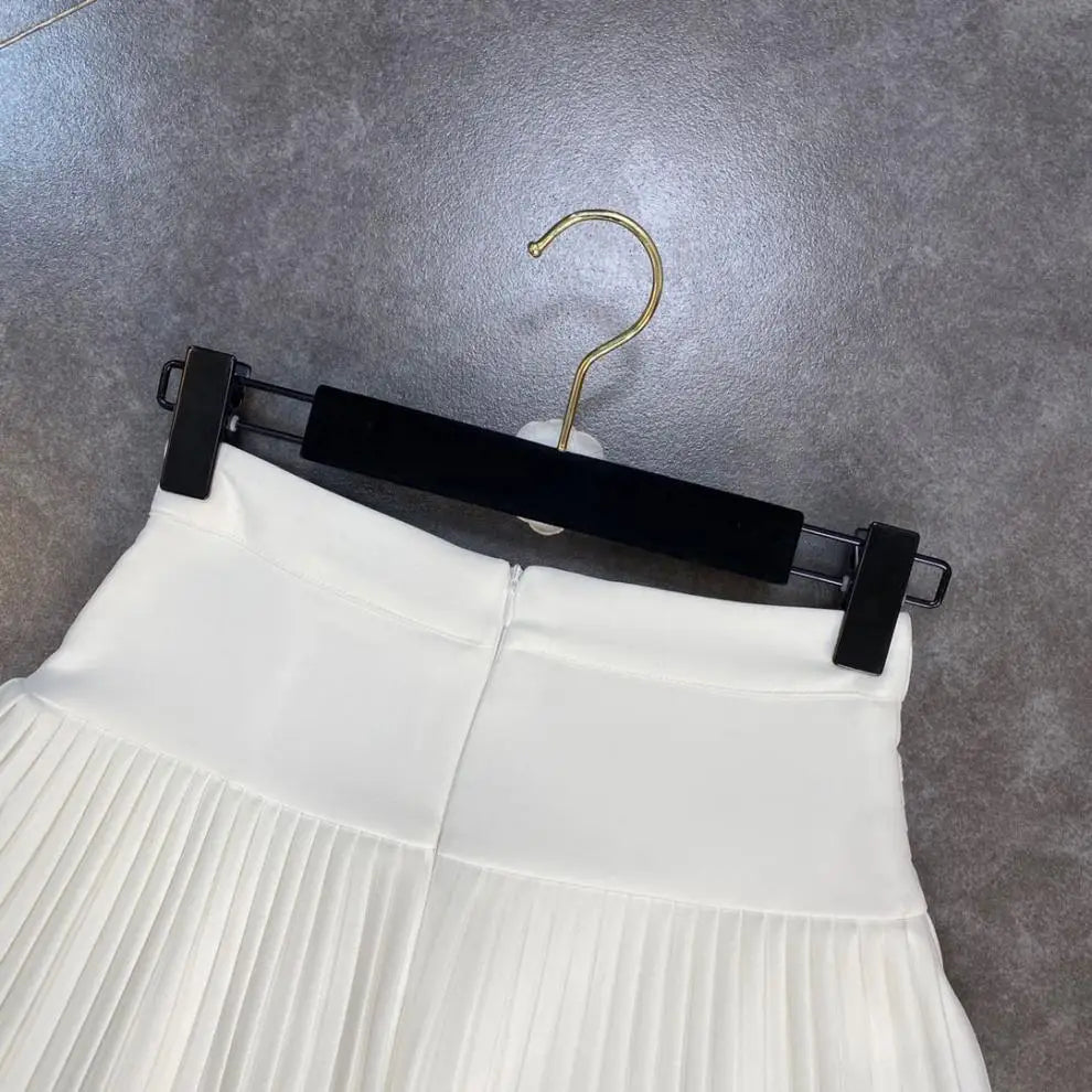 Women's Skirt 2024 Summer Fashion High Waisted White Metal D-pendant Decor Casual Temperament Pleated A-line Skirt With Lining
