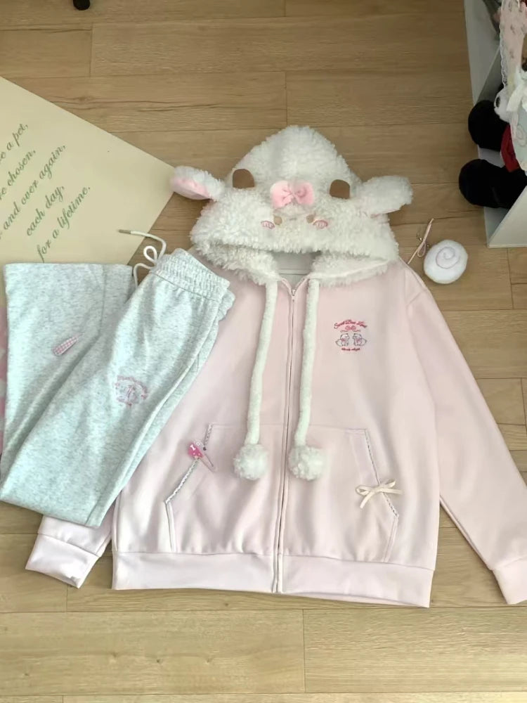 Winter Warm Fuzzy Hoodie with Cute Sheep Hood Pink Soft Sweater Zipper Coat for Women Cozy Casual Fashion Lovely Kawaii Overcoat