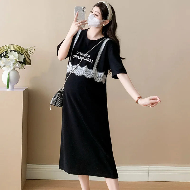 Pregnant Women's Skirt Summer 2025 New Large Loose Fashion Look Thin Fake Two Piece Knitted Skirt