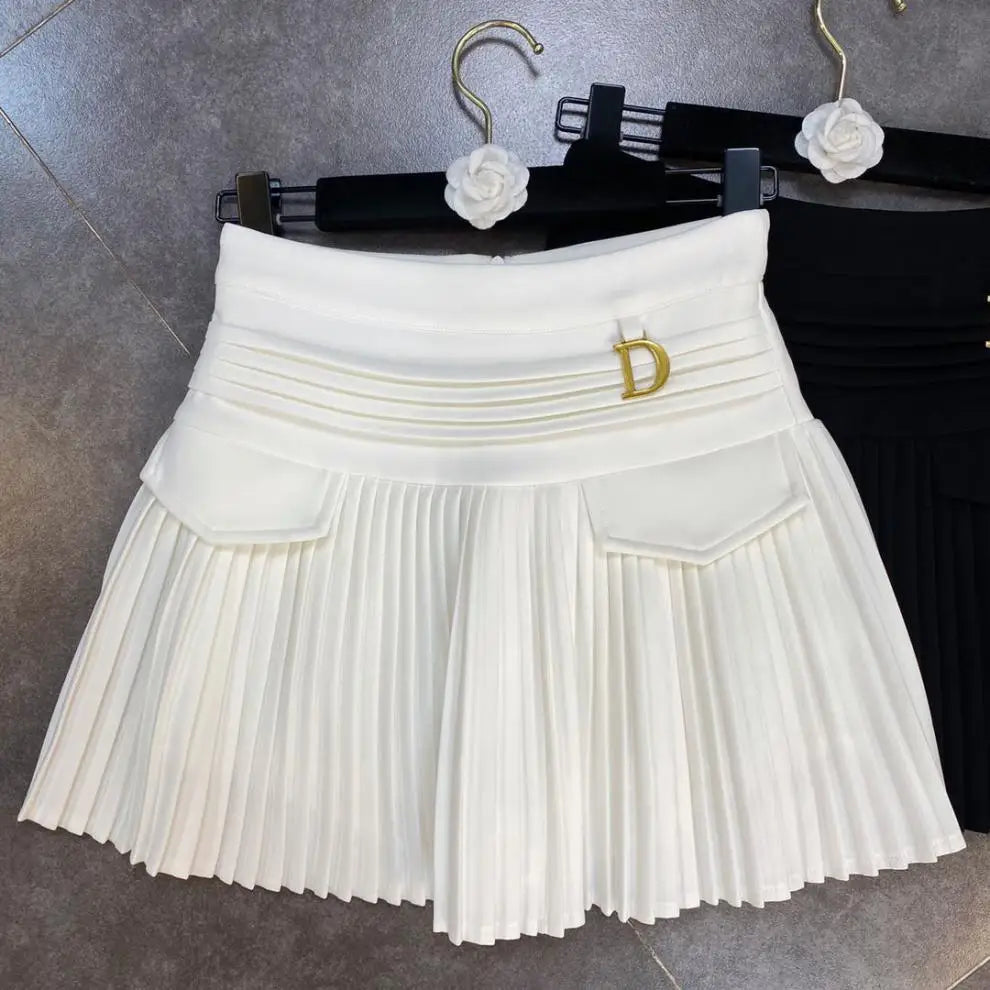 Women's Skirt 2024 Summer Fashion High Waisted White Metal D-pendant Decor Casual Temperament Pleated A-line Skirt With Lining