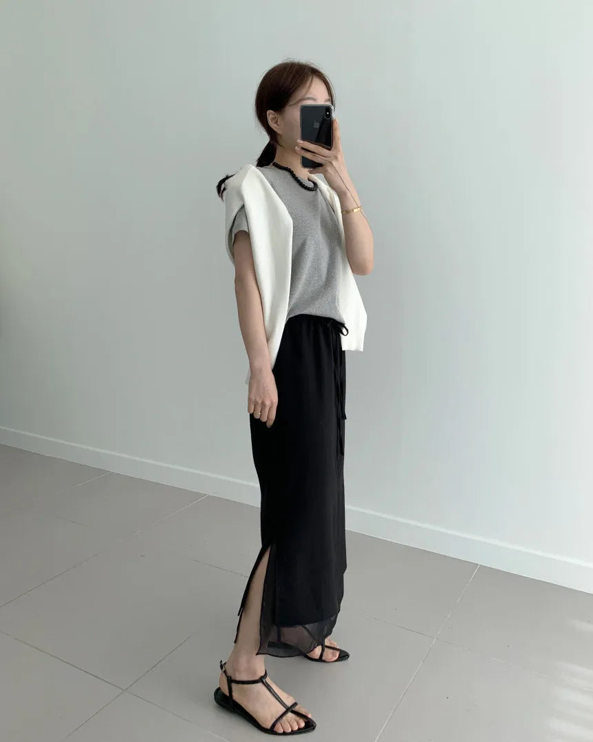 Double Layered Belted Straight Cut Long Skirt for Women Spring New Sle Korean High Waist Slit Commute Friendly Skirt