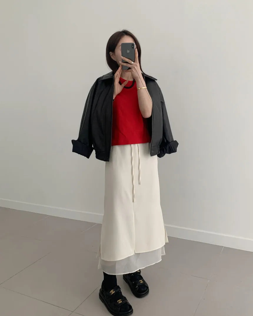 Double Layered Belted Straight Cut Long Skirt for Women Spring New Sle Korean High Waist Slit Commute Friendly Skirt