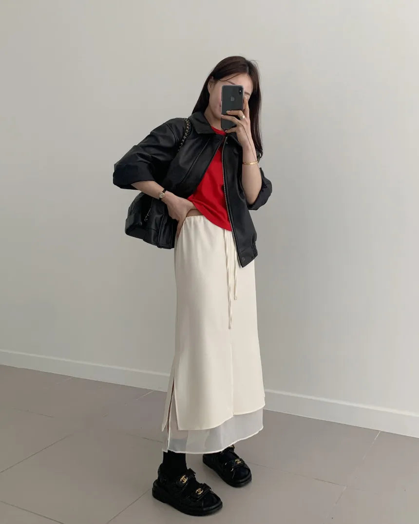 Double Layered Belted Straight Cut Long Skirt for Women Spring New Sle Korean High Waist Slit Commute Friendly Skirt