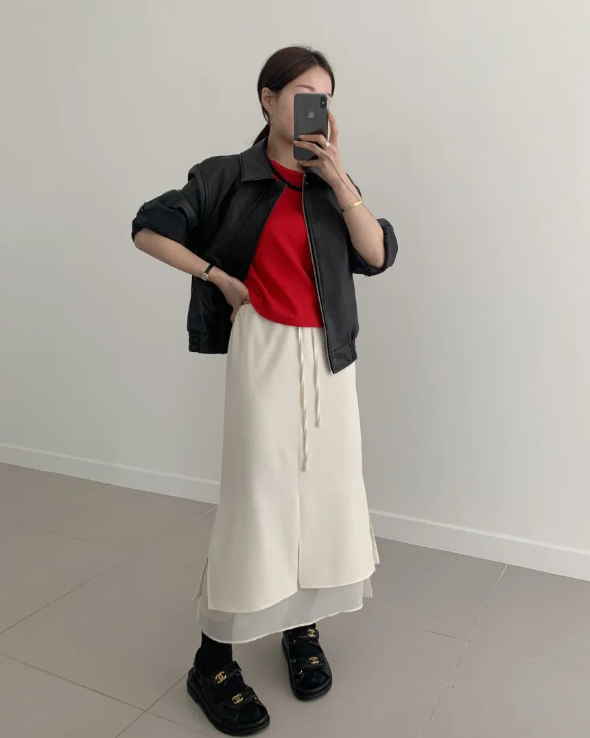 Double Layered Belted Straight Cut Long Skirt for Women Spring New Sle Korean High Waist Slit Commute Friendly Skirt