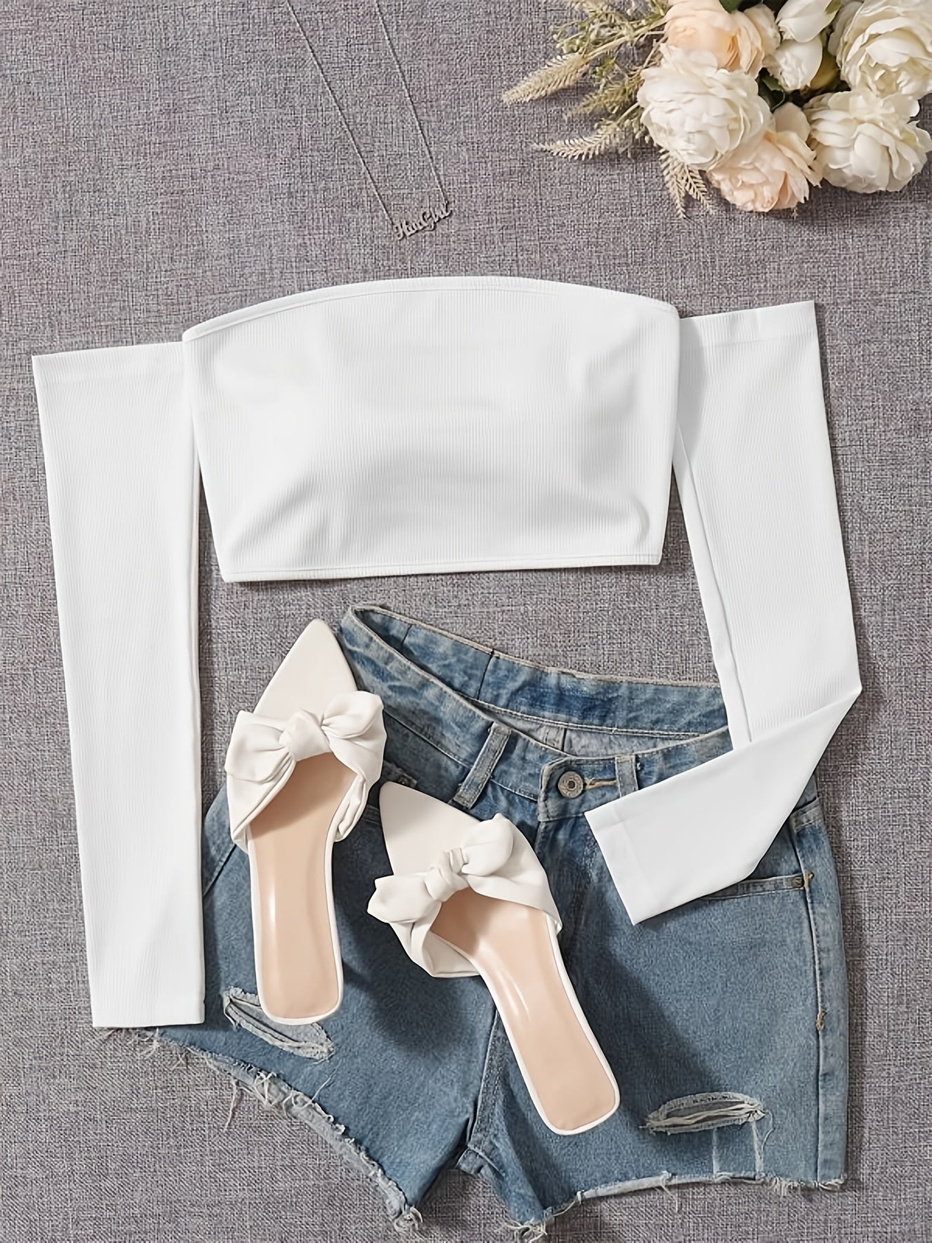 Women's Off-Shoulder Cropped Sleeve Top - Stretchy Slim Fit Solid Black Shirt, Machine Washable All-Season Versatile Top for Casual & Formal Outfits, Crop Top Blouse, Medium Elasticity Fabric