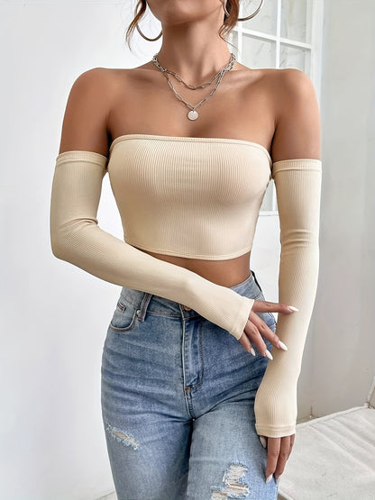 Women's Off-Shoulder Cropped Sleeve Top - Stretchy Slim Fit Solid Black Shirt, Machine Washable All-Season Versatile Top for Casual & Formal Outfits, Crop Top Blouse, Medium Elasticity Fabric