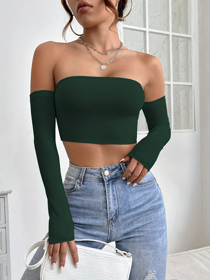 Women's Off-Shoulder Cropped Sleeve Top - Stretchy Slim Fit Solid Black Shirt, Machine Washable All-Season Versatile Top for Casual & Formal Outfits, Crop Top Blouse, Medium Elasticity Fabric