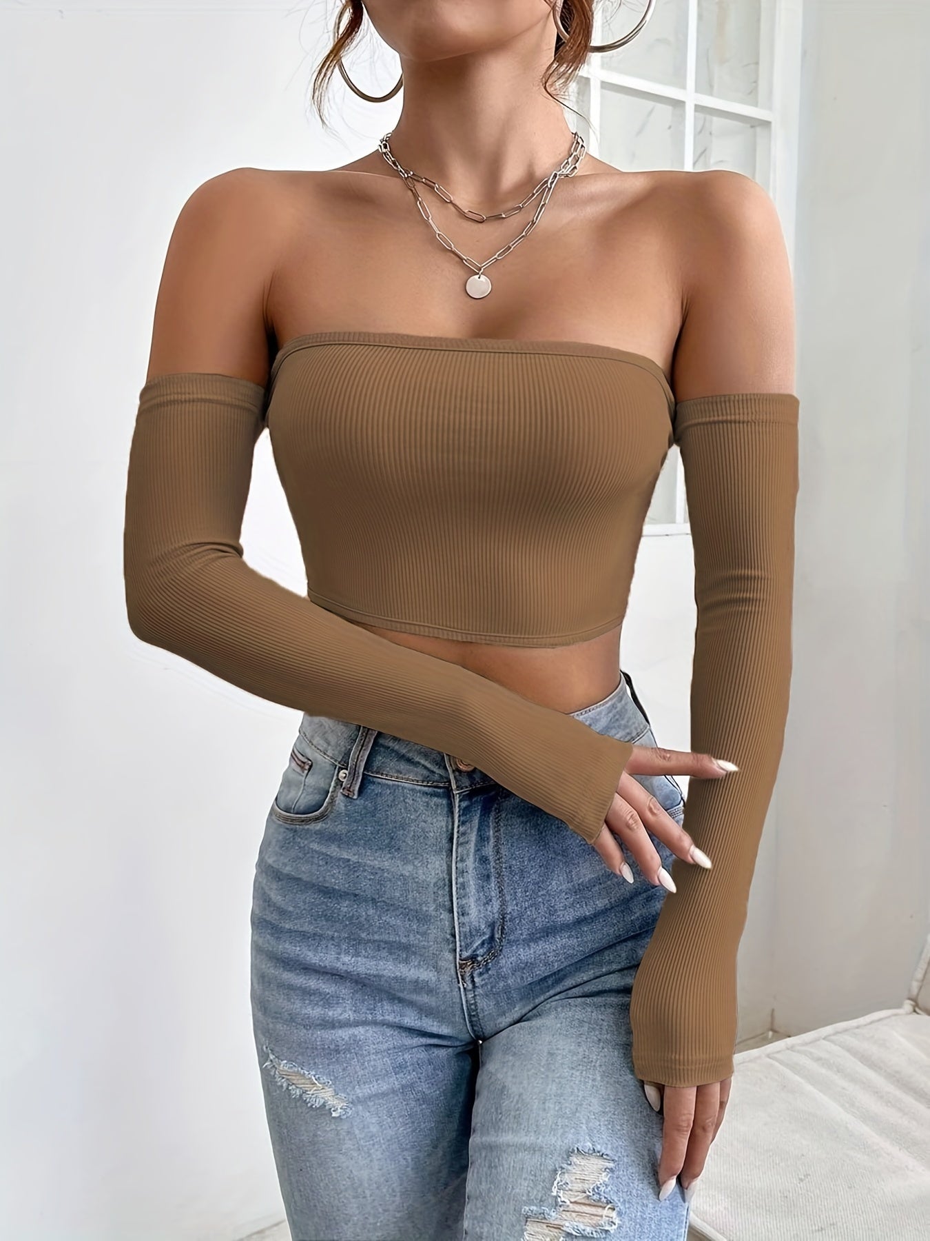 Women's Off-Shoulder Cropped Sleeve Top - Stretchy Slim Fit Solid Black Shirt, Machine Washable All-Season Versatile Top for Casual & Formal Outfits, Crop Top Blouse, Medium Elasticity Fabric