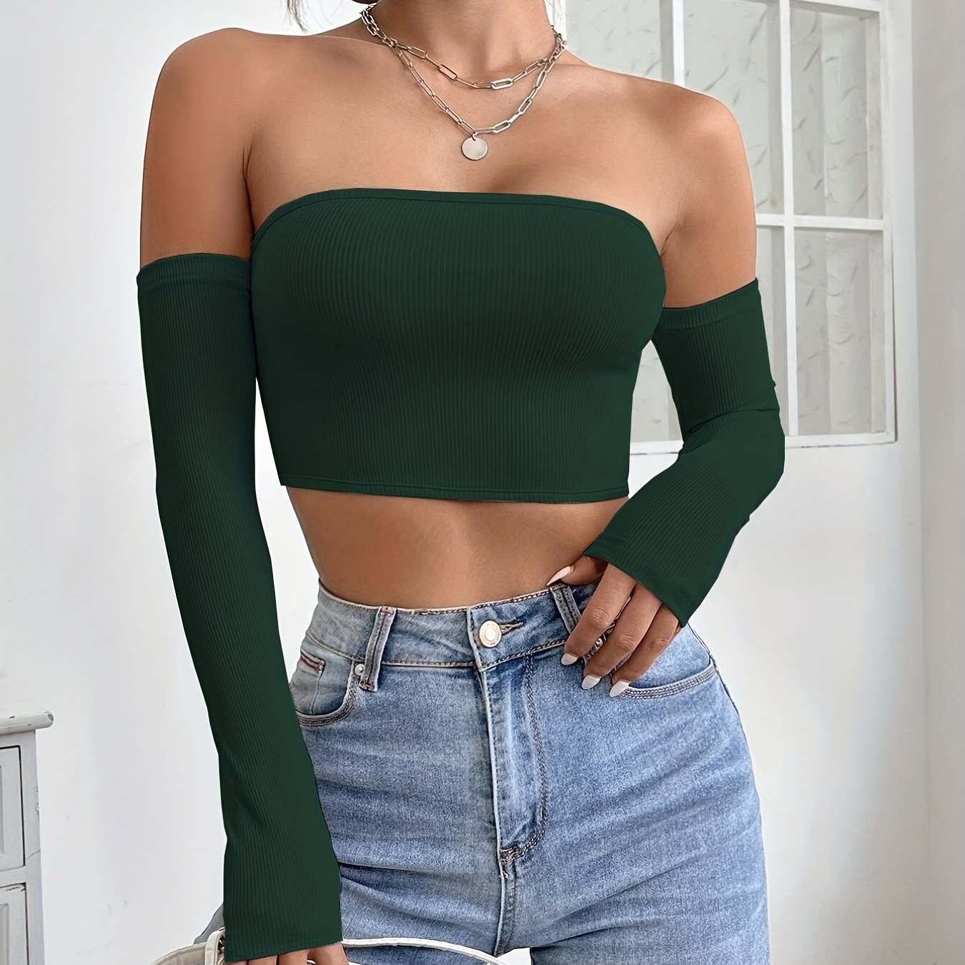 Women's Off-Shoulder Cropped Sleeve Top - Stretchy Slim Fit Solid Black Shirt, Machine Washable All-Season Versatile Top for Casual & Formal Outfits, Crop Top Blouse, Medium Elasticity Fabric