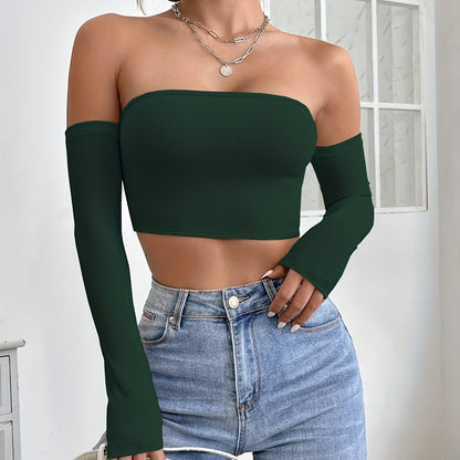 Women's Off-Shoulder Cropped Sleeve Top - Stretchy Slim Fit Solid Black Shirt, Machine Washable All-Season Versatile Top for Casual & Formal Outfits, Crop Top Blouse, Medium Elasticity Fabric