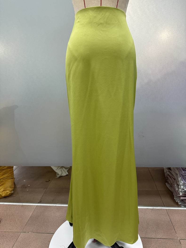 Stained satin skirt 2025 summer new simple imitation silk long skirt women's clothing club clothing Vestidos