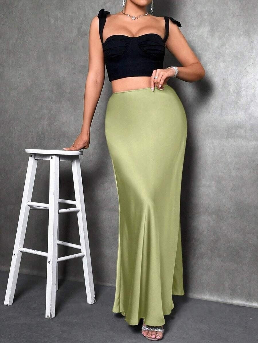 Stained satin skirt 2025 summer new simple imitation silk long skirt women's clothing club clothing Vestidos