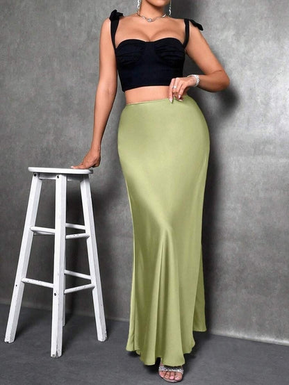 Stained satin skirt 2025 summer new simple imitation silk long skirt women's clothing club clothing Vestidos