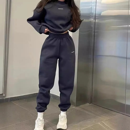 Fashion Women's Clothing 2025 Spring and Autumn Casual Solid Color Round Neck Sweater Suit Two-piece Suit