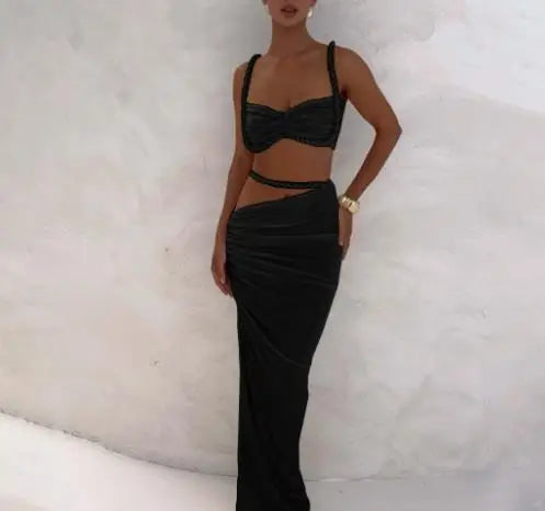 2025 Skirt Set for Women's Fashion Spring Summer Latest Clothin Sexy Solid Color Backless Small Tank Top Hip Hugging Skirt Set
