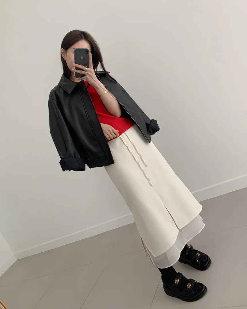 Double Layered Belted Straight Cut Long Skirt for Women Spring New Sle Korean High Waist Slit Commute Friendly Skirt
