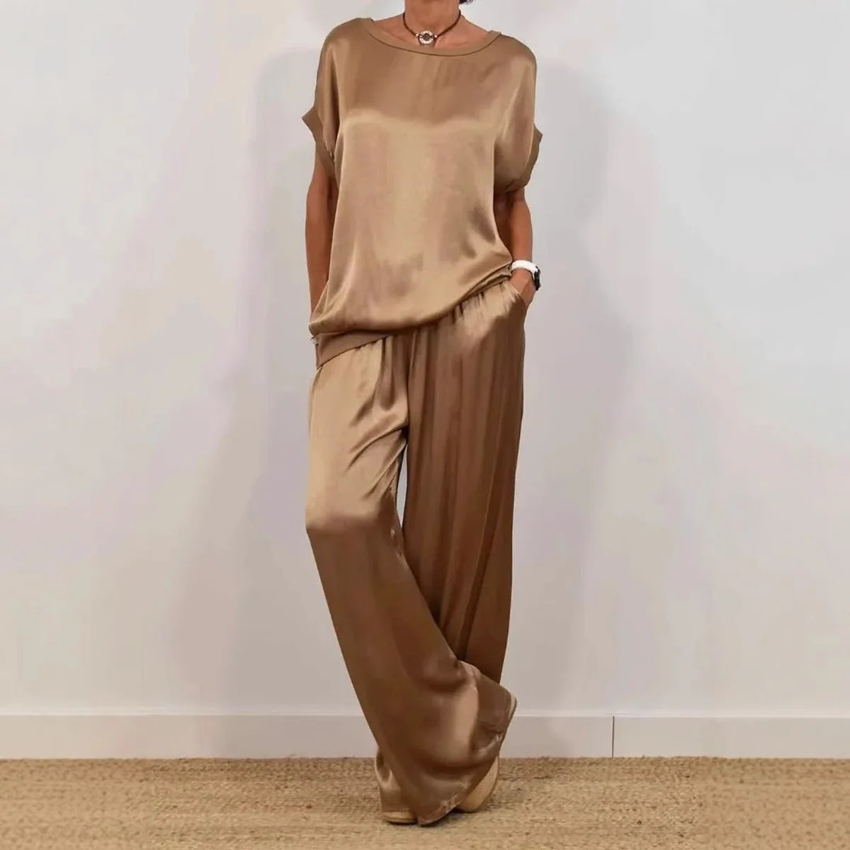 Fashion Satin Women's Suit Spring and Summer New Trend Loose Shirt Wide Leg Pants Casual Trousers 2-piece Set, Womens Cothing