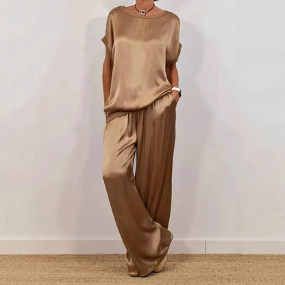 Fashion Satin Women's Suit Spring and Summer New Trend Loose Shirt Wide Leg Pants Casual Trousers 2-piece Set, Womens Cothing