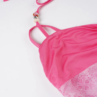 Fashion Retro Chic Prints Mesh Halter Tops Summer Design Beading Backless Skinny Folds Blouses