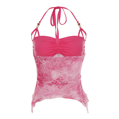 Fashion Retro Chic Prints Mesh Halter Tops Summer Design Beading Backless Skinny Folds Blouses