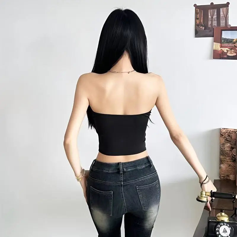 European and American fashion sexy design slim - fitting women with chest dark hollow lace top coat Goth Harajuku trend vest