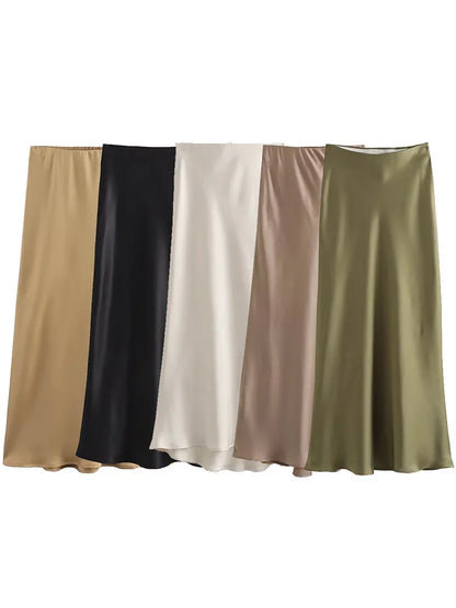 Willshela 2024 Black Satin Skirt Woman High Waist Elegant Long Skirts For Women Fashion Summer Midi Skirt Office Women's Skirts