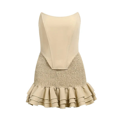 Skirt suit design sense Commuter party women's solid color elegant sexy backless sling tube top cut top high silt elastic waist
