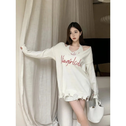 French Fashion Design Sense Fake Two Knitwear Autumn New Letter Printed Sweater Dopamine Sweet Casual Female Youth Clothing