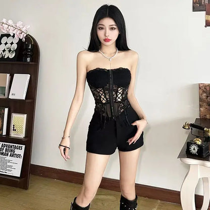 European and American fashion sexy design slim - fitting women with chest dark hollow lace top coat Goth Harajuku trend vest
