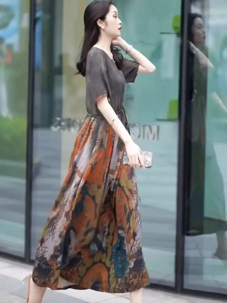 Fashionable Dress for Women 2025 Summer New Retro Drawstring Waist-hugging Long A-line Skirt