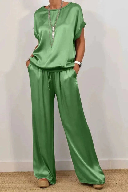 Fashion Satin Women's Suit Spring and Summer New Trend Loose Shirt Wide Leg Pants Casual Trousers 2-piece Set, Womens Cothing