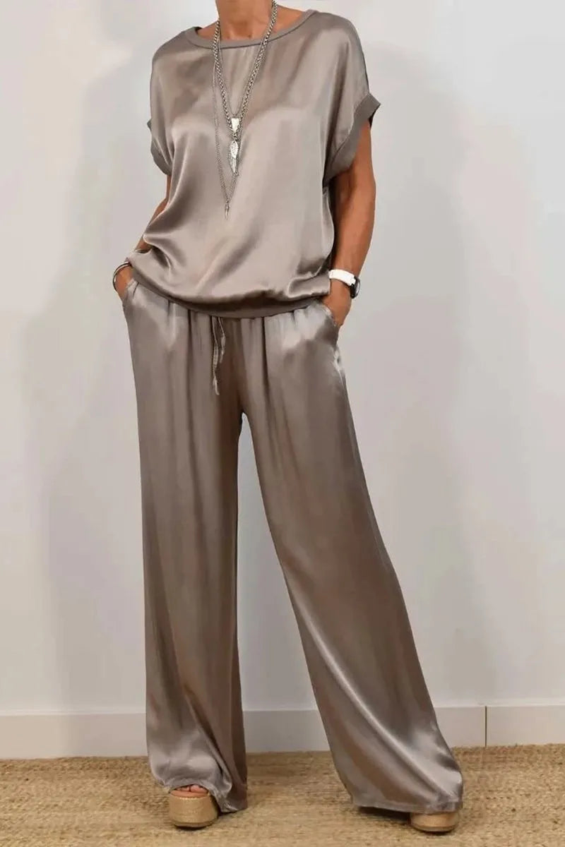 Fashion Satin Women's Suit Spring and Summer New Trend Loose Shirt Wide Leg Pants Casual Trousers 2-piece Set, Womens Cothing