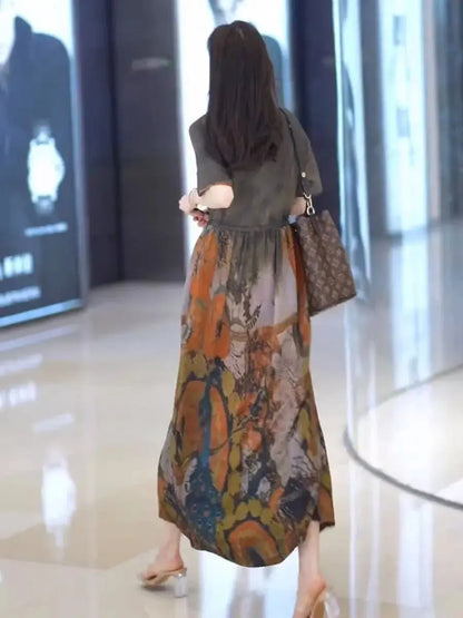 Fashionable Dress for Women 2025 Summer New Retro Drawstring Waist-hugging Long A-line Skirt