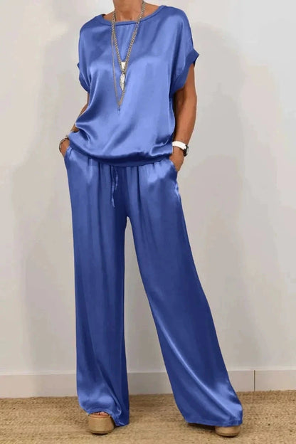 Fashion Satin Women's Suit Spring and Summer New Trend Loose Shirt Wide Leg Pants Casual Trousers 2-piece Set, Womens Cothing