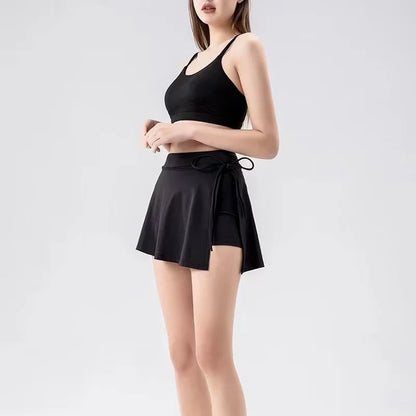 Sports Yoga Skirt Badminton Tennis Skirt Half Body Quick-dry Pocket Skirt Side Slit Strap Shorts Pant Running Clothing Suit
