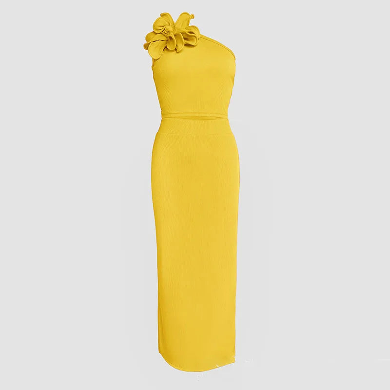 Fashion Flower Design Office Lady Suit Spring Sexy One-shoulder Sleeveless Top & Bodycon Skirts Set 2025 Summer Hollow Women Set