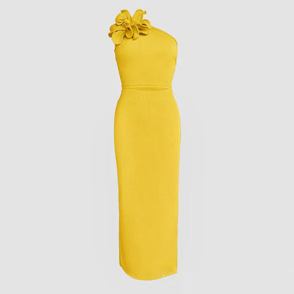 Fashion Flower Design Office Lady Suit Spring Sexy One-shoulder Sleeveless Top & Bodycon Skirts Set 2025 Summer Hollow Women Set
