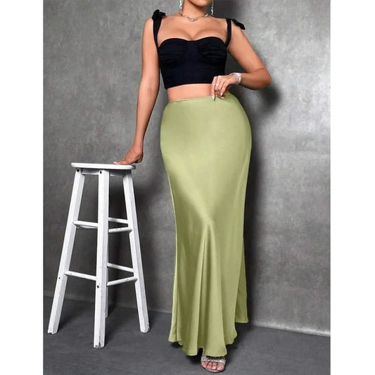 Stained satin skirt 2025 summer new simple imitation silk long skirt women's clothing club clothing Vestidos