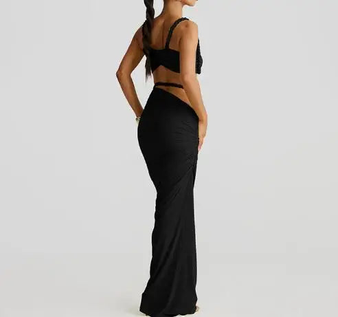 2025 Skirt Set for Women's Fashion Spring Summer Latest Clothin Sexy Solid Color Backless Small Tank Top Hip Hugging Skirt Set