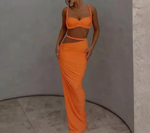 2025 Skirt Set for Women's Fashion Spring Summer Latest Clothin Sexy Solid Color Backless Small Tank Top Hip Hugging Skirt Set