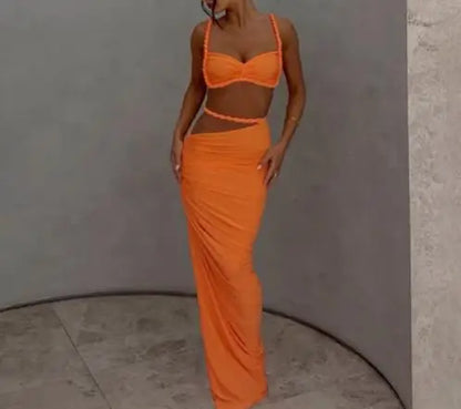 2025 Skirt Set for Women's Fashion Spring Summer Latest Clothin Sexy Solid Color Backless Small Tank Top Hip Hugging Skirt Set