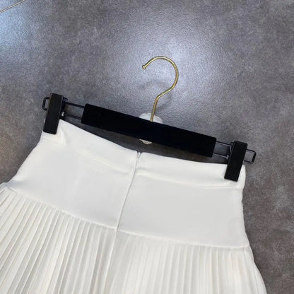 Women's Skirt 2024 Summer Fashion High Waisted White Metal D-pendant Decor Casual Temperament Pleated A-line Skirt With Lining