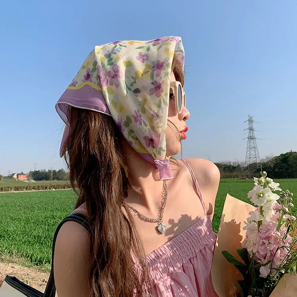 Fashion French Pastoral Style Headscarf INS Style Sun Protection Headband Towel Flower Printed Headband Girls