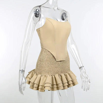 Skirt suit design sense Commuter party women's solid color elegant sexy backless sling tube top cut top high silt elastic waist