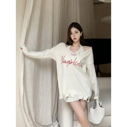 French Fashion Design Sense Fake Two Knitwear Autumn New Letter Printed Sweater Dopamine Sweet Casual Female Youth Clothing