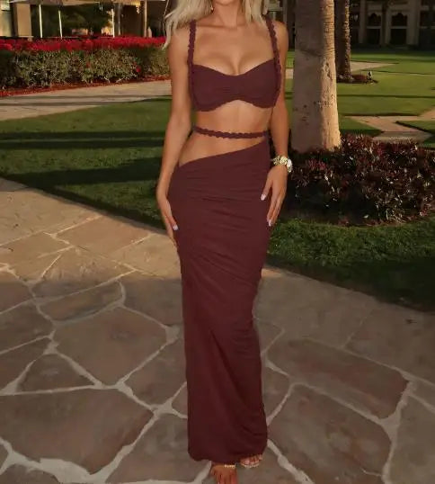2025 Skirt Set for Women's Fashion Spring Summer Latest Clothin Sexy Solid Color Backless Small Tank Top Hip Hugging Skirt Set