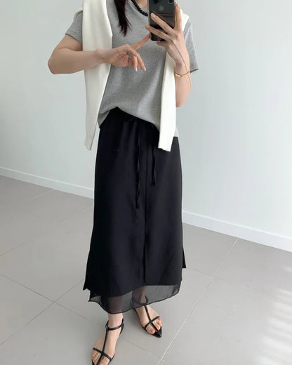 Double Layered Belted Straight Cut Long Skirt for Women Spring New Sle Korean High Waist Slit Commute Friendly Skirt